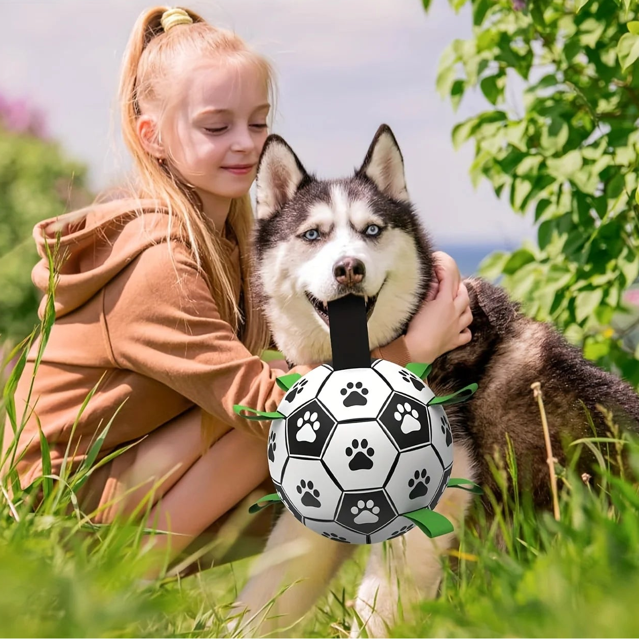 Balle de foot interactive pour chien – Avec anneau de préhension