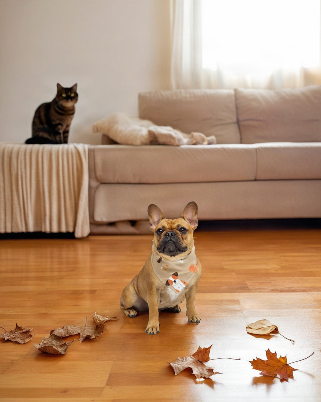 Bandana Hallowdog porté par un bouledogue, avec deux chats