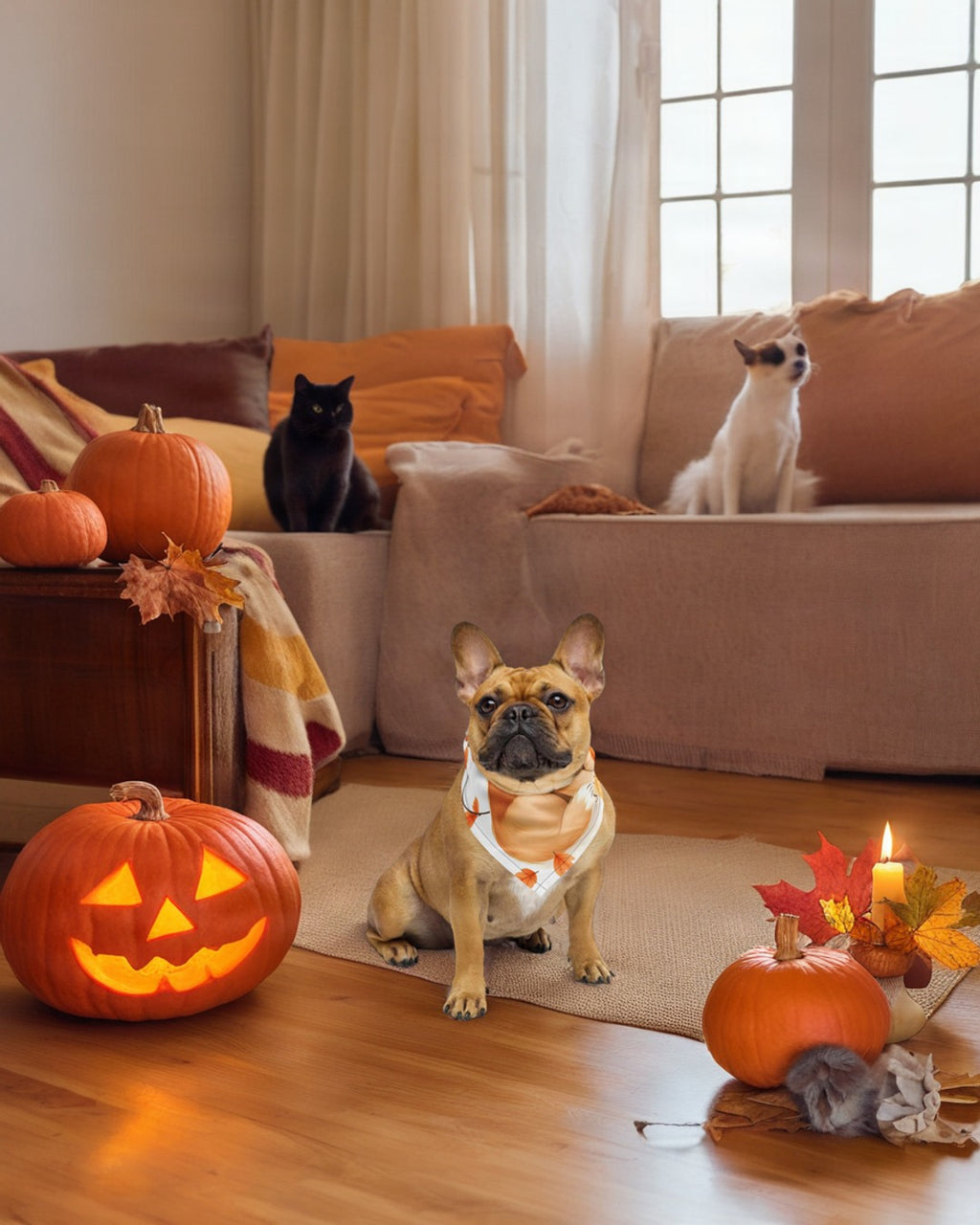 Bandana Halloween porté par un bouledogue, décor d’automne